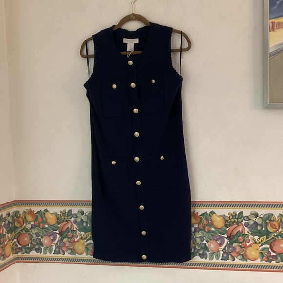 Caroline Constas Dresses & Skirts - Caroline Constas Navy Knit Sleeveless Sweater Dress, Size S, Gold Buttons, NWT